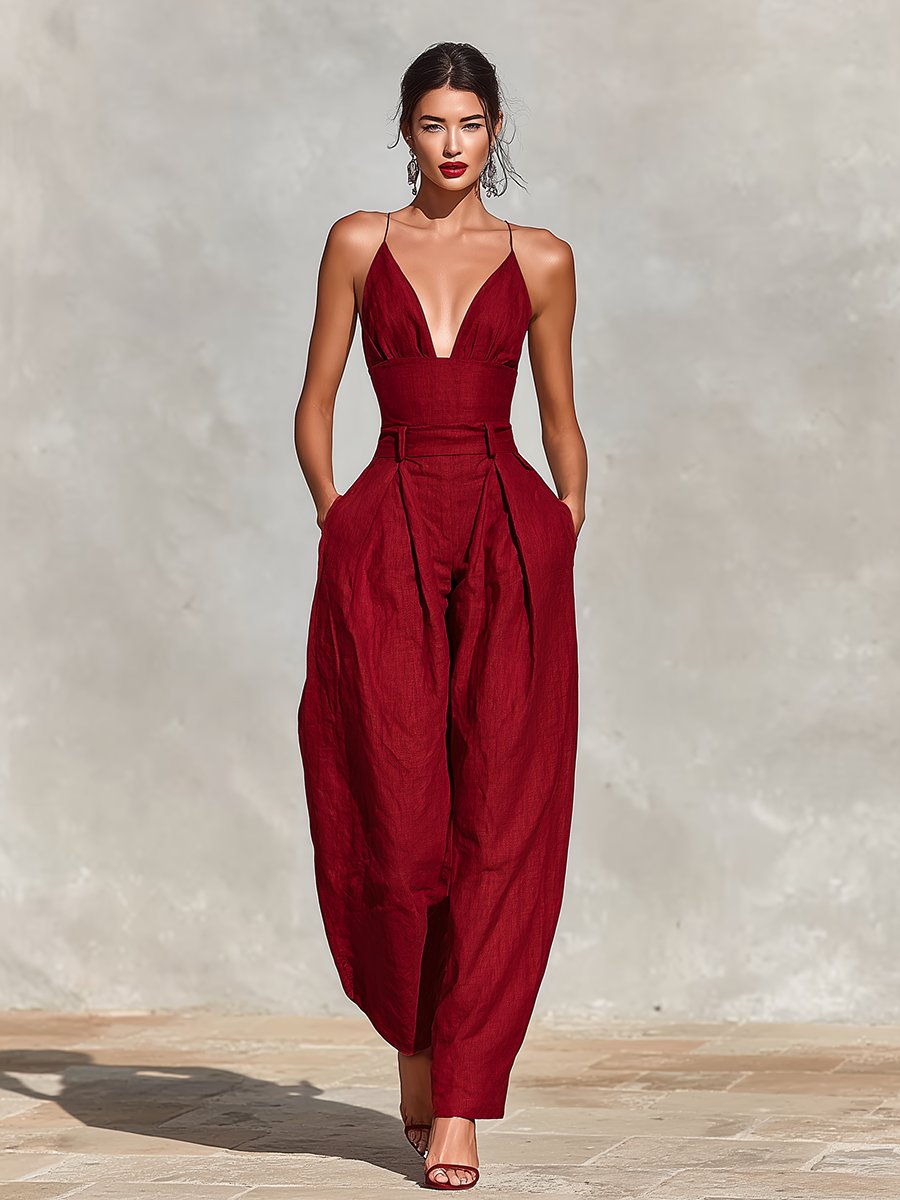 Clara | Damen High-Waist Leinen Wide-Leg Spaghetti-Träger Jumpsuit · PNY
