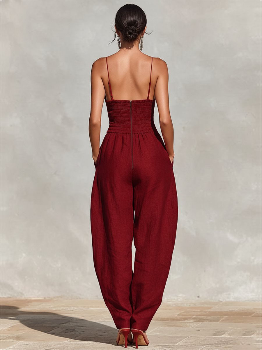 Clara | Damen High-Waist Leinen Wide-Leg Spaghetti-Träger Jumpsuit · PNY