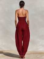 Clara | Damen High-Waist Leinen Wide-Leg Spaghetti-Träger Jumpsuit · PNY