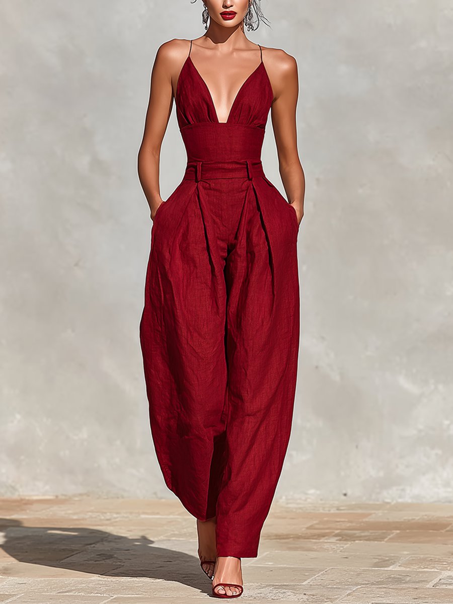 Clara | Damen High-Waist Leinen Wide-Leg Spaghetti-Träger Jumpsuit · PNY