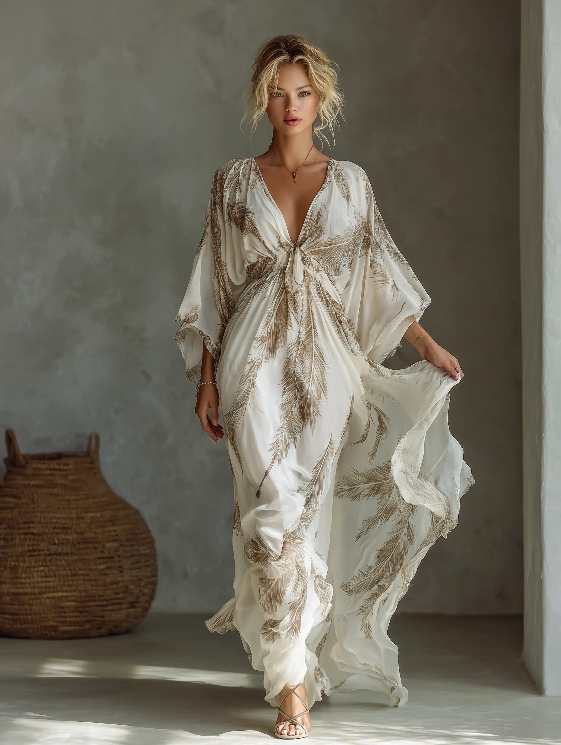 Delphine | Women's V-Neck Maxi Dress | Feather Print · PNY