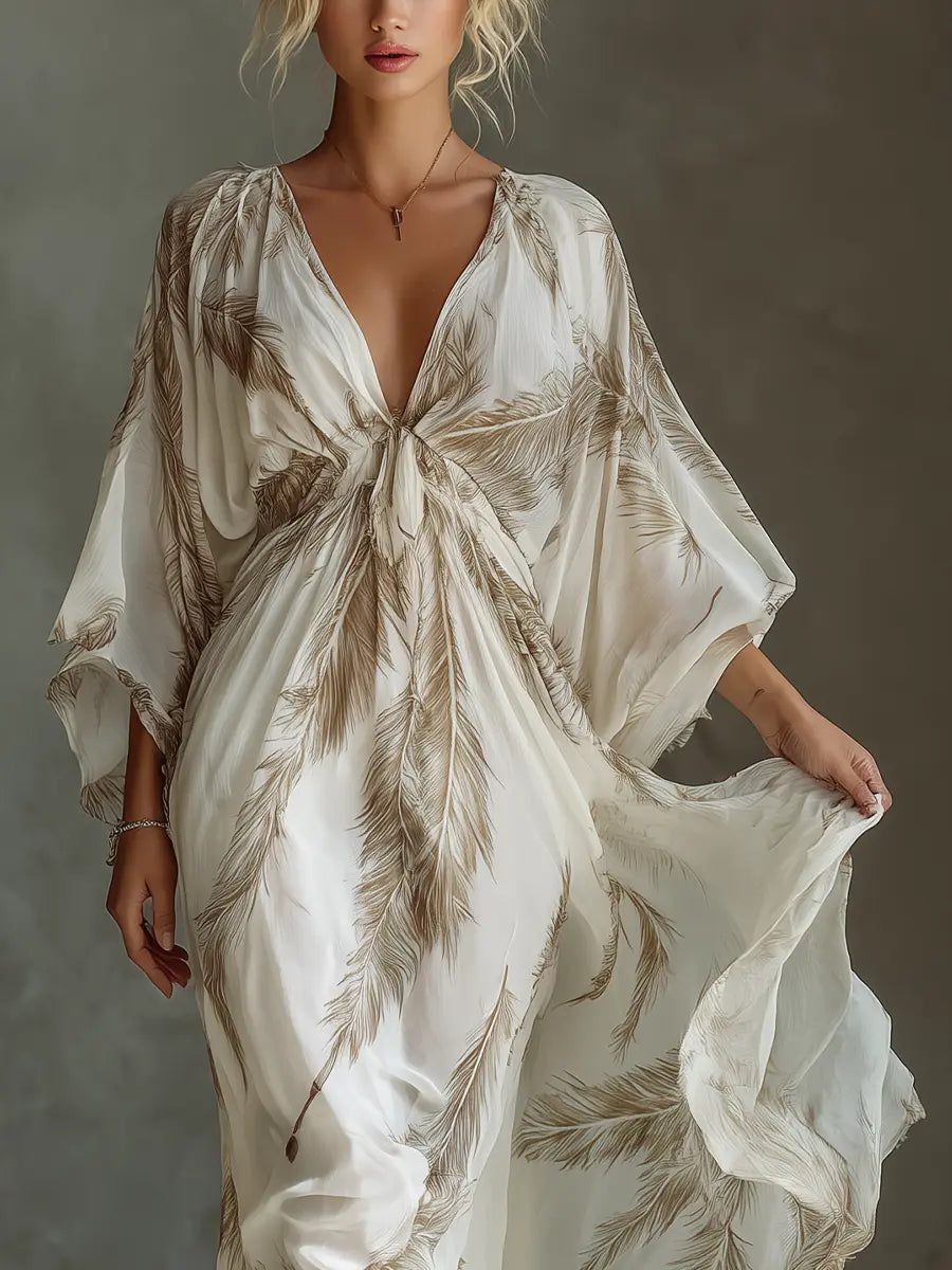 Delphine | Women's V-Neck Maxi Dress | Feather Print · PNY
