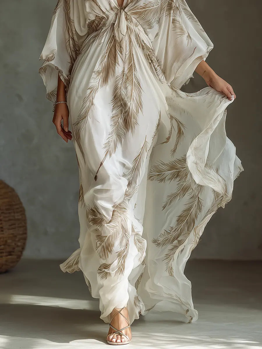 Delphine | Women's V-Neck Maxi Dress | Feather Print · PNY