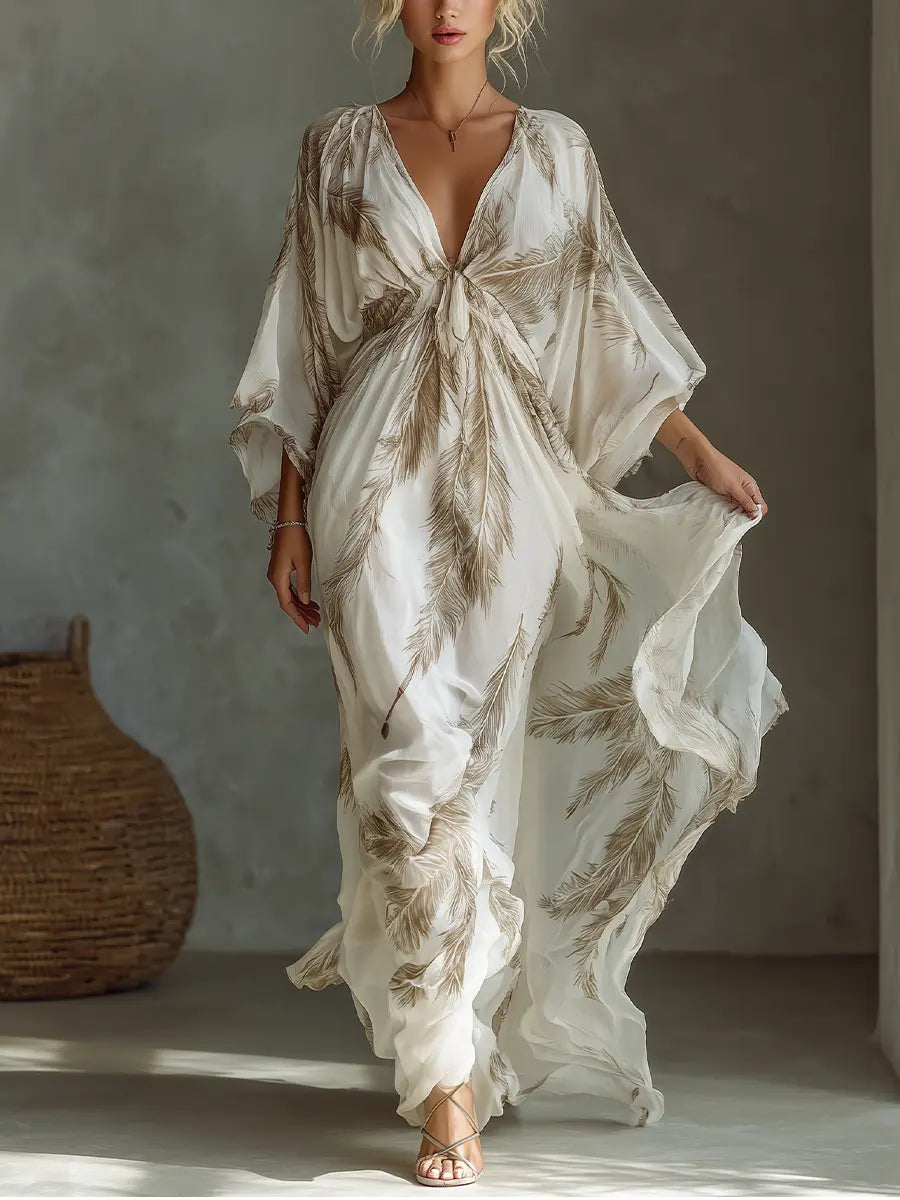 Delphine | Women's V-Neck Maxi Dress | Feather Print · PNY