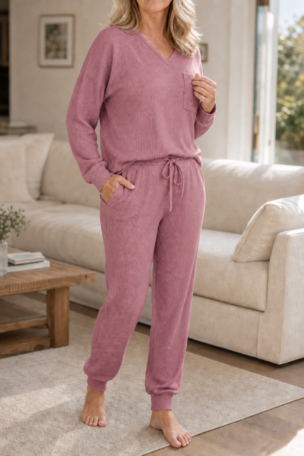 Hailey | Women's V-Neck Loungewear Set | Ribbed Knit · PNY