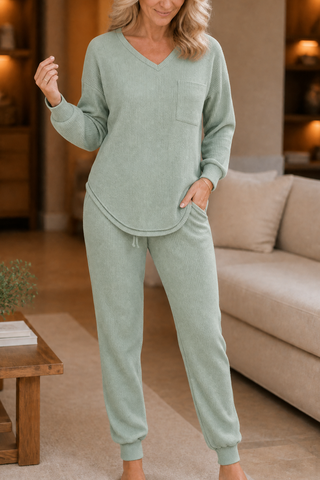 Hailey | Women's V-Neck Loungewear Set | Ribbed Knit · PNY