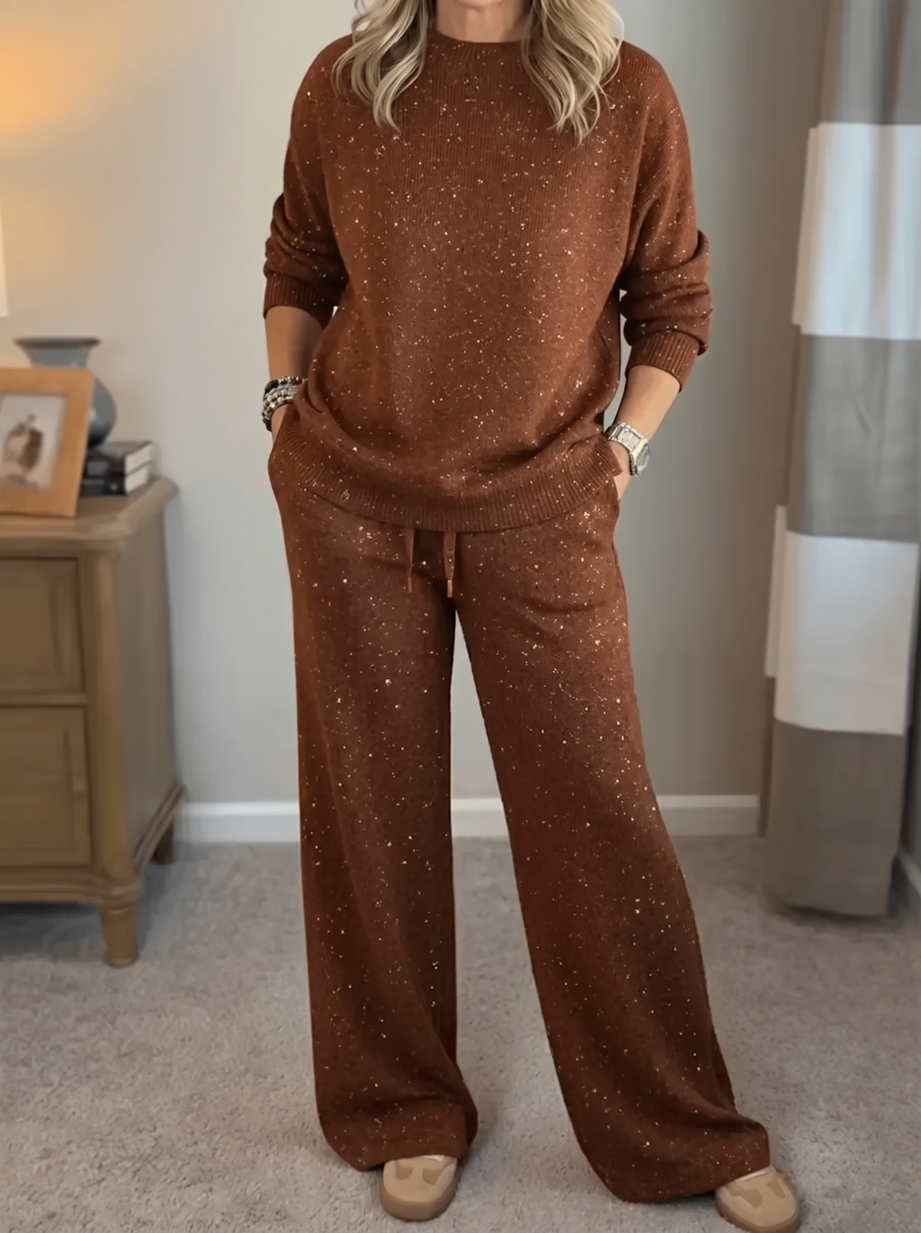 Harper | Women's Crewneck Loungewear Set | Wide-Leg Pants - PNY