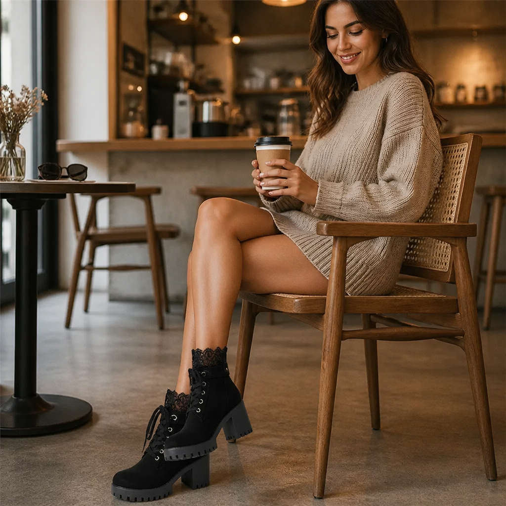 Harper | Women's Lace-Up Boots | Lace Trim · PNY