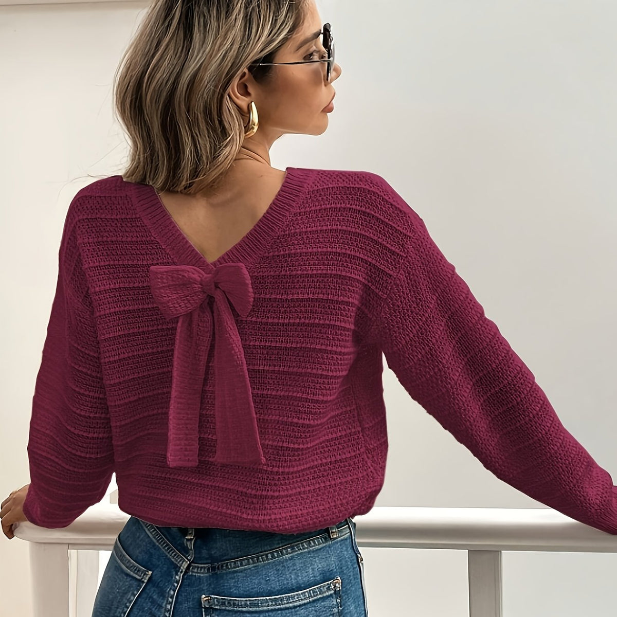 Harper | Women's V-Neck Sweater | Bow Detail · PNY