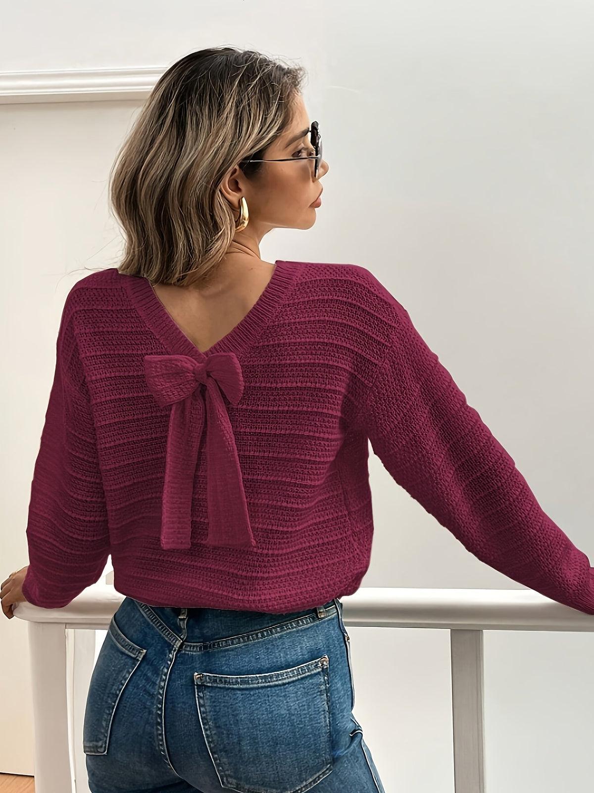 Harper | Women's V-Neck Sweater | Bow Detail · PNY