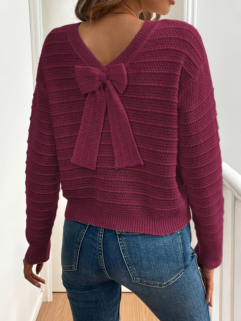 Harper | Women's V-Neck Sweater | Bow Detail · PNY