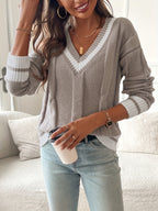 Harper | Women's V-Neck Sweater | Striped Trim · PNY