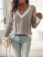 Harper | Women's V-Neck Sweater | Striped Trim · PNY