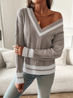 Harper | Women's V-Neck Sweater | Striped Trim · PNY