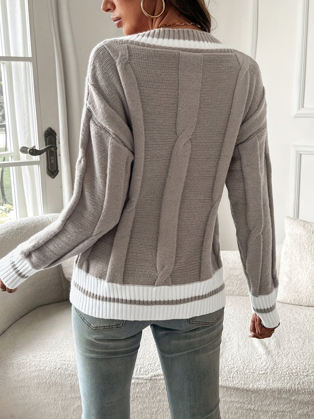 Harper | Women's V-Neck Sweater | Striped Trim · PNY