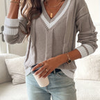 Harper | Women's V-Neck Sweater | Striped Trim · PNY