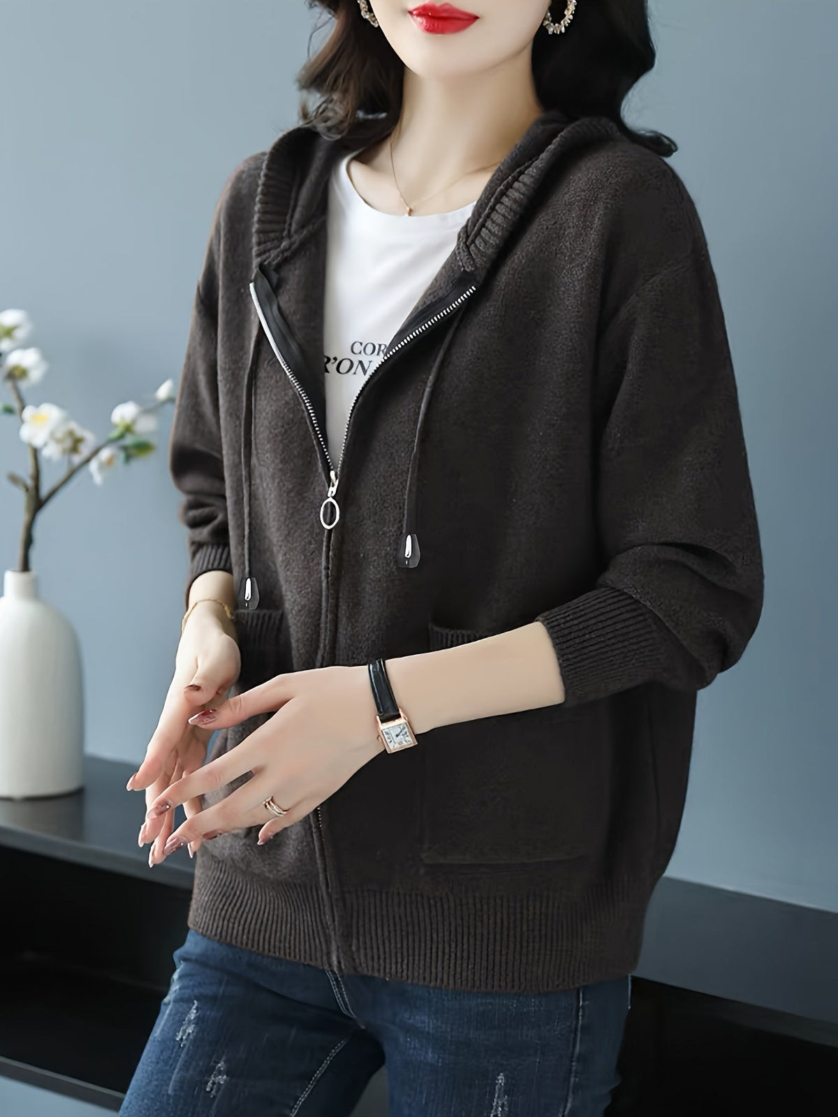 Hazel | Women's Zip-Up Hooded Cardigan | Drawstring Hood · PNY