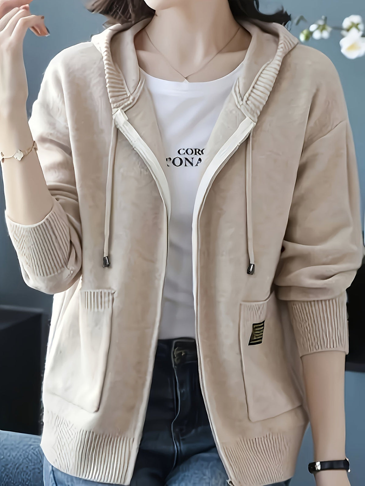 Hazel | Women's Zip-Up Hooded Cardigan | Drawstring Hood · PNY
