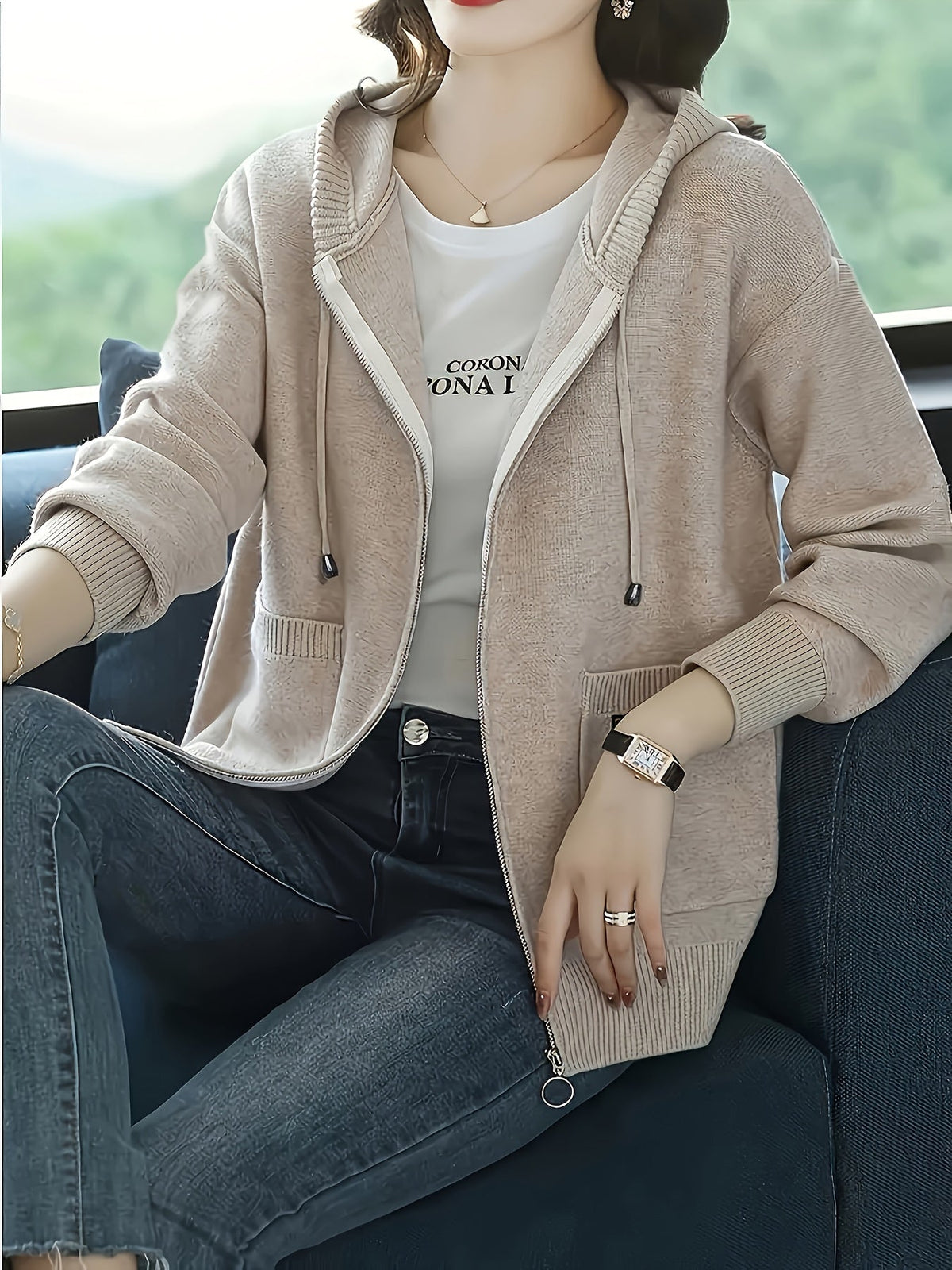 Hazel | Women's Zip-Up Hooded Cardigan | Drawstring Hood · PNY