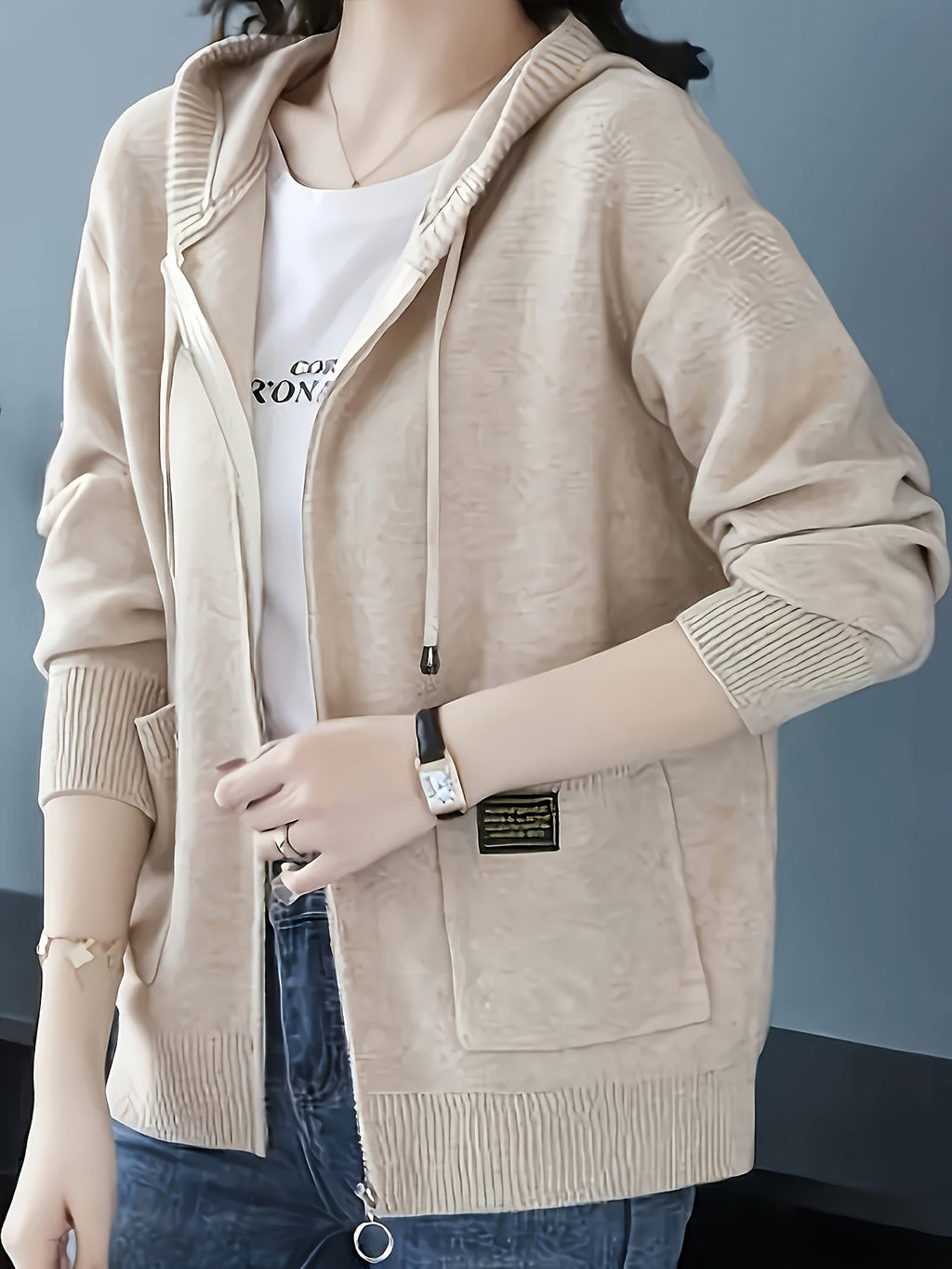 Hazel | Women's Zip-Up Hooded Cardigan | Drawstring Hood · PNY