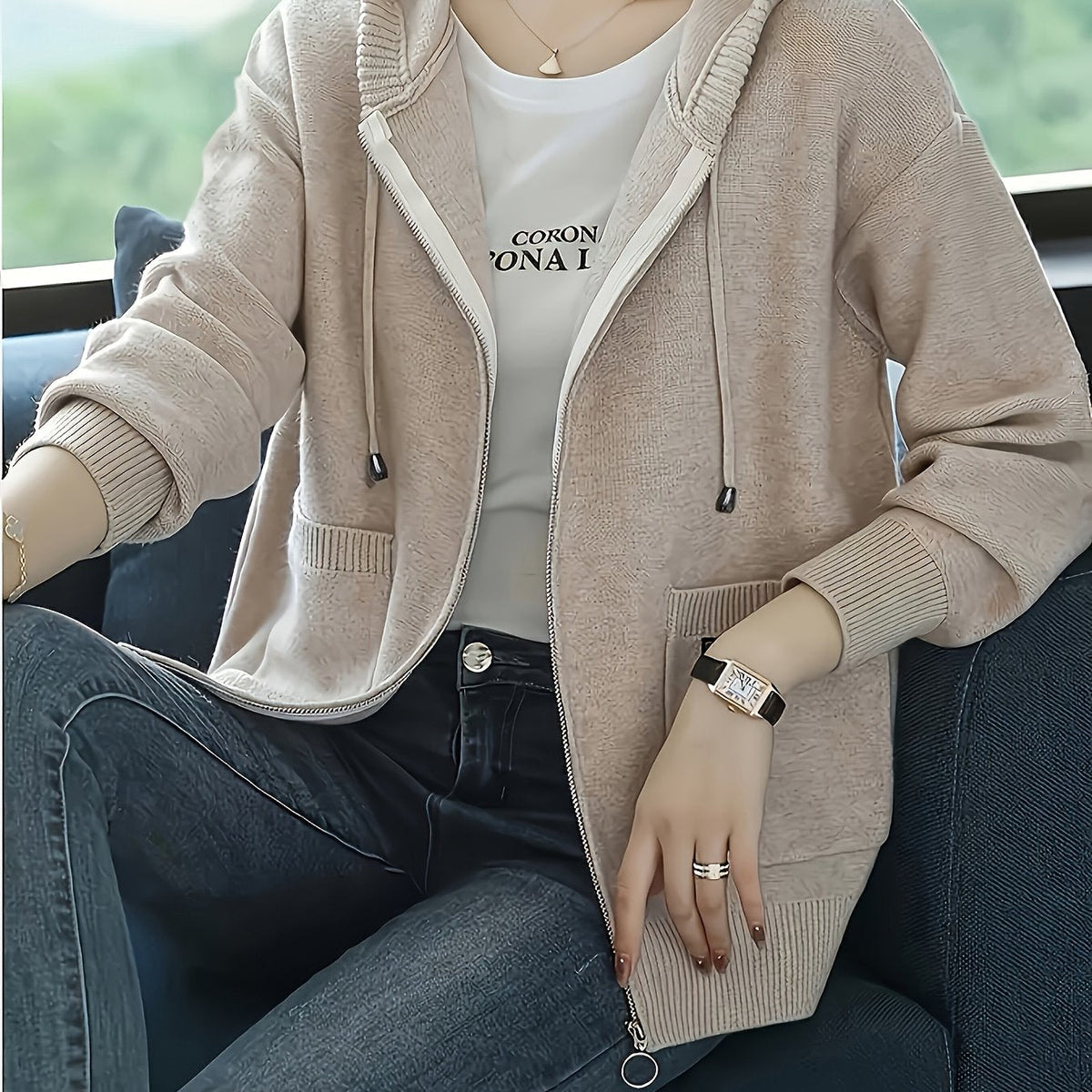 Hazel | Women's Zip-Up Hooded Cardigan | Drawstring Hood · PNY