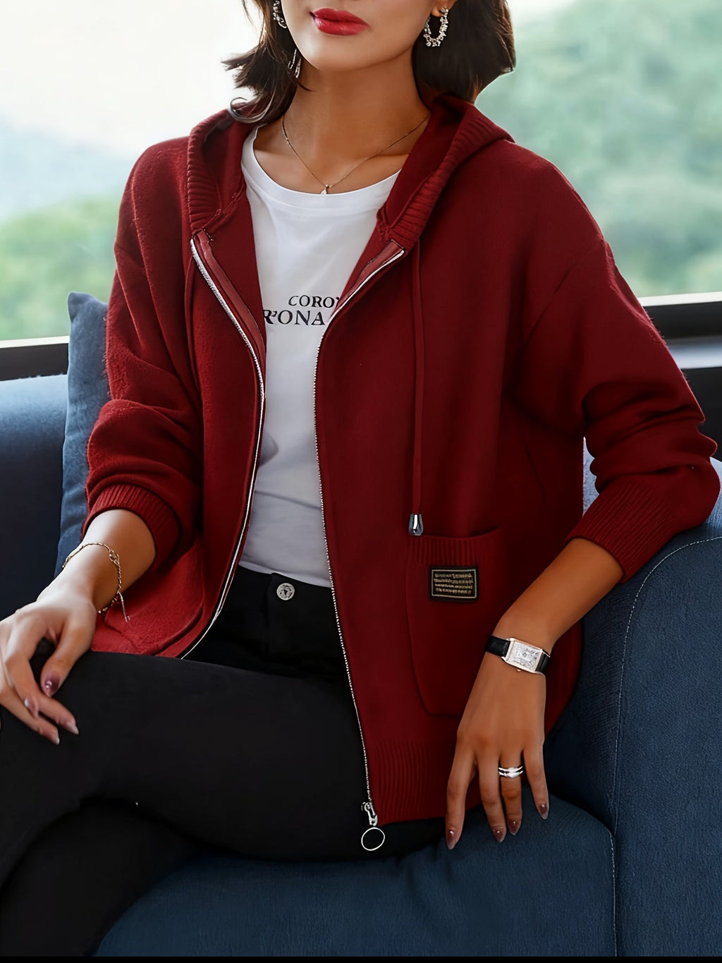 Hazel | Women's Zip-Up Hooded Cardigan | Drawstring Hood · PNY