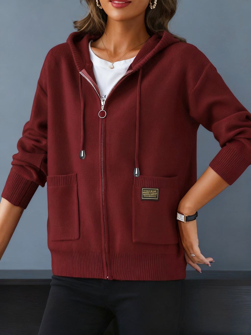 Hazel | Women's Zip-Up Hooded Cardigan | Drawstring Hood · PNY
