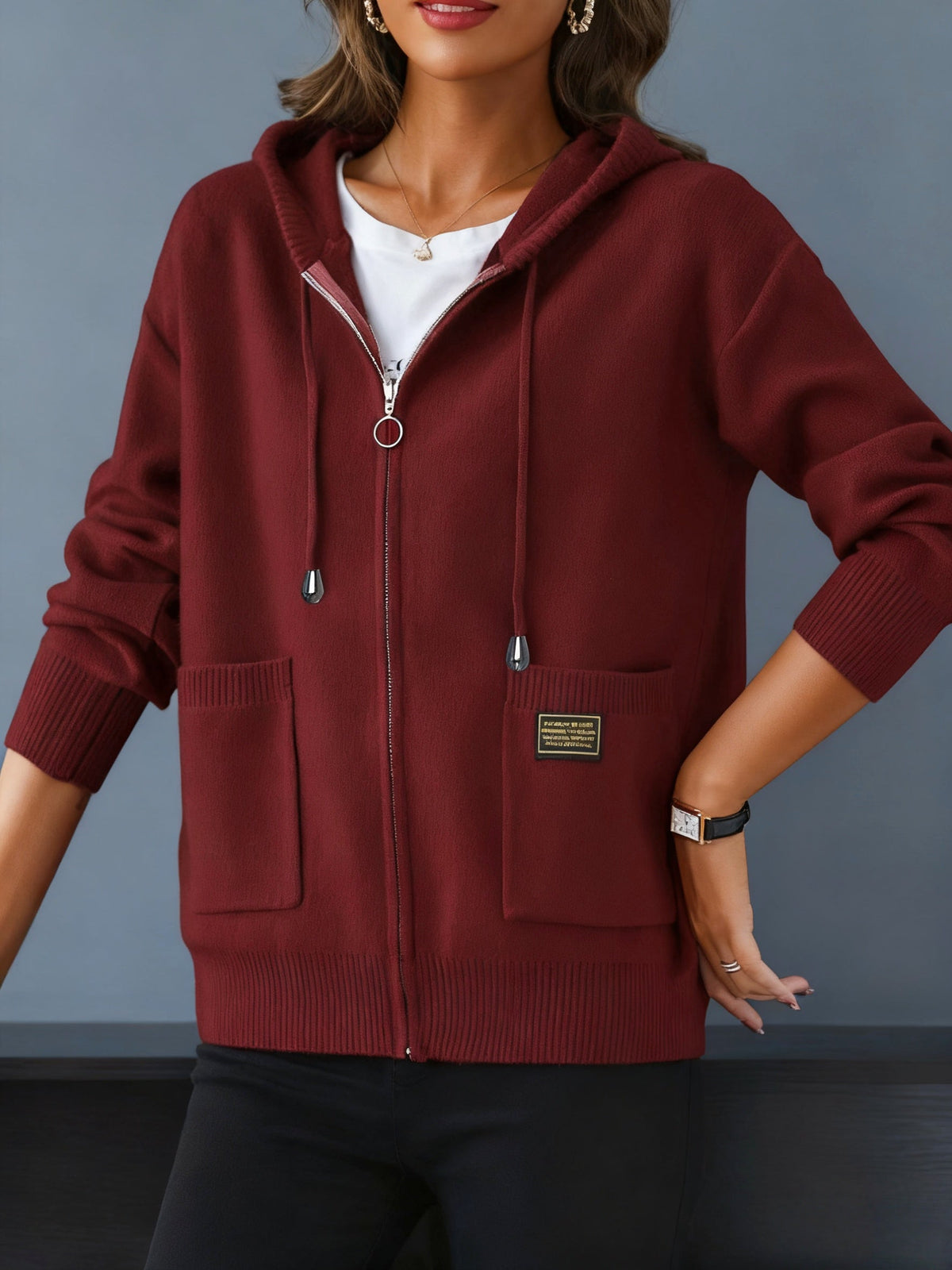 Hazel | Women's Zip-Up Hooded Cardigan | Drawstring Hood · PNY