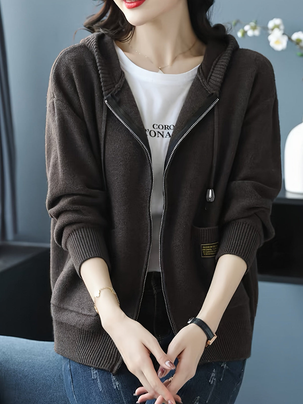 Hazel | Women's Zip-Up Hooded Cardigan | Drawstring Hood · PNY