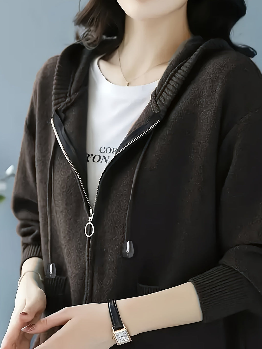 Hazel | Women's Zip-Up Hooded Cardigan | Drawstring Hood · PNY