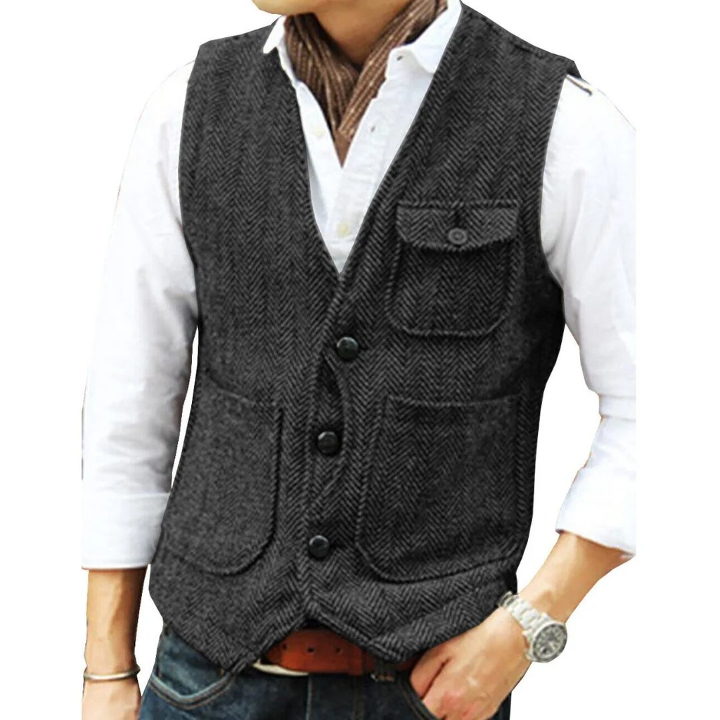 Marcus | Men's V-Neck Vest | Herringbone Tweed · PNY