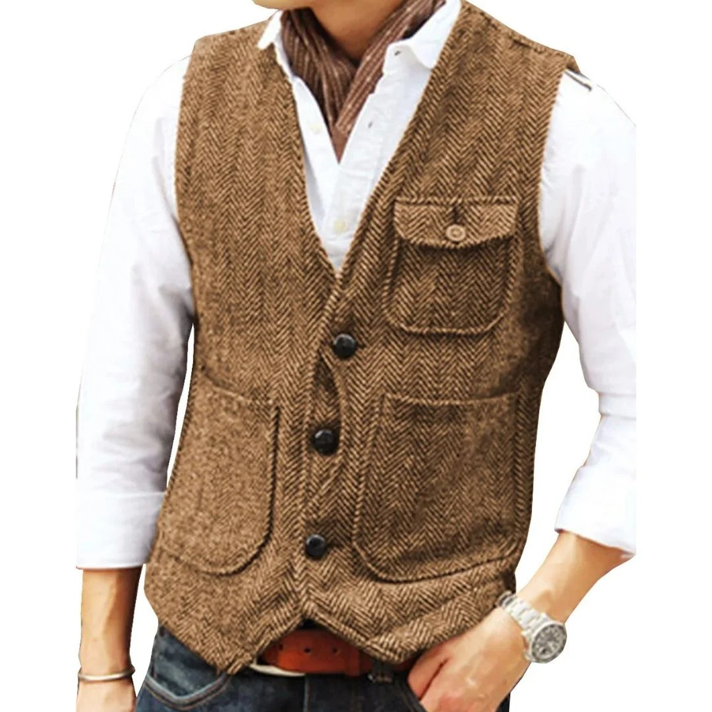 Marcus | Men's V-Neck Vest | Herringbone Tweed · PNY