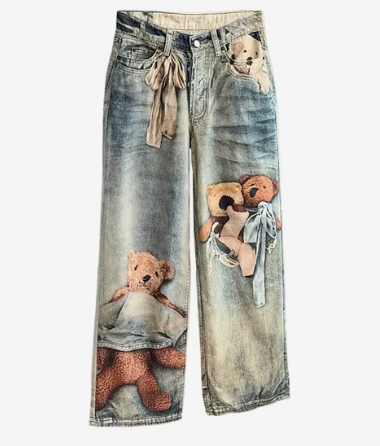 Mila | Women’s Wide Leg Jeans | Teddy Bear Appliqué