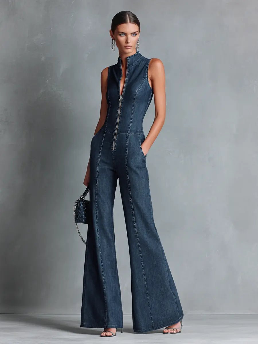 Nadine | Women's Sleeveless Denim Jumpsuit | Front Zip · PNY
