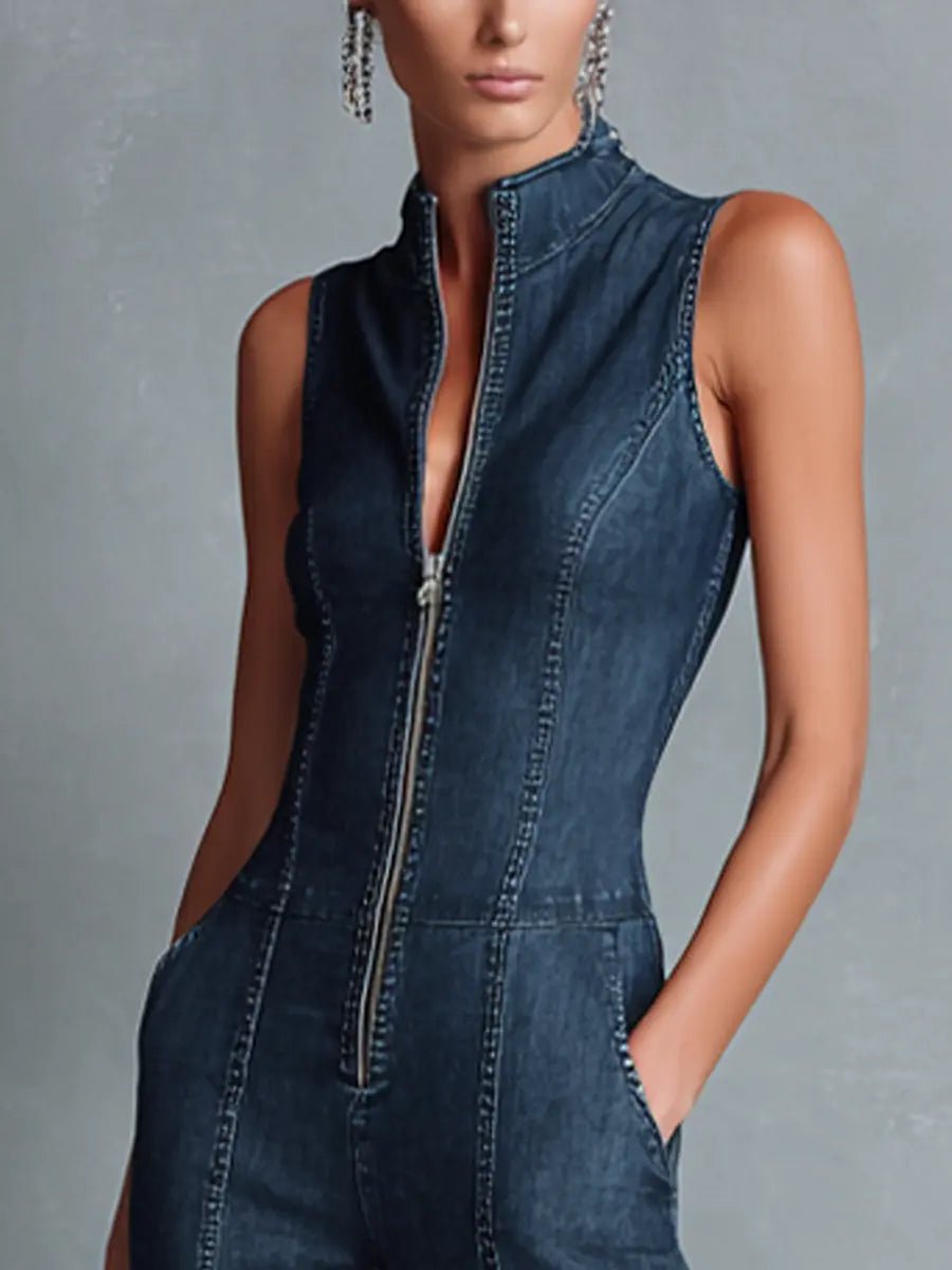 Nadine | Women's Sleeveless Denim Jumpsuit | Front Zip · PNY