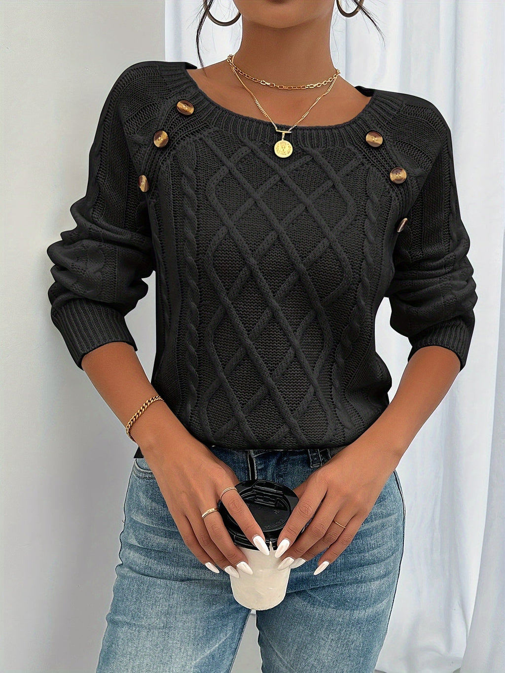 Nora | Women's Cable-Knit Sweater | Button Detail · PNY