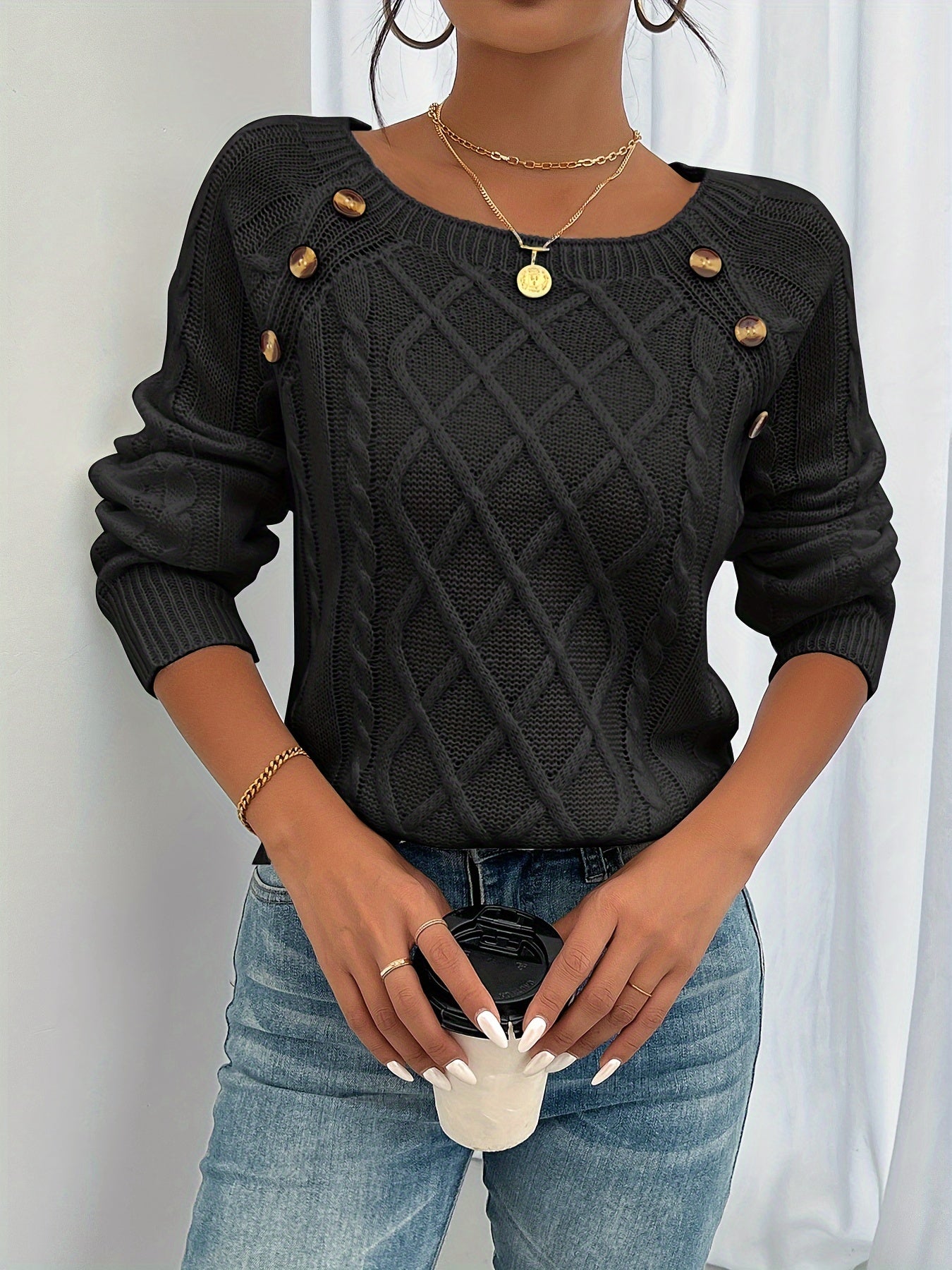 Nora | Women's Cable-Knit Sweater | Button Detail · PNY