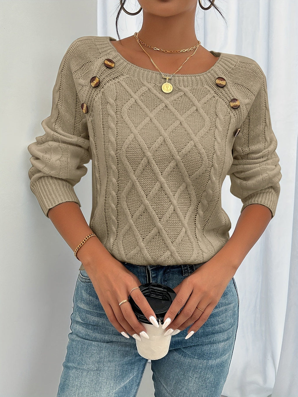 Nora | Women's Cable-Knit Sweater | Button Detail · PNY