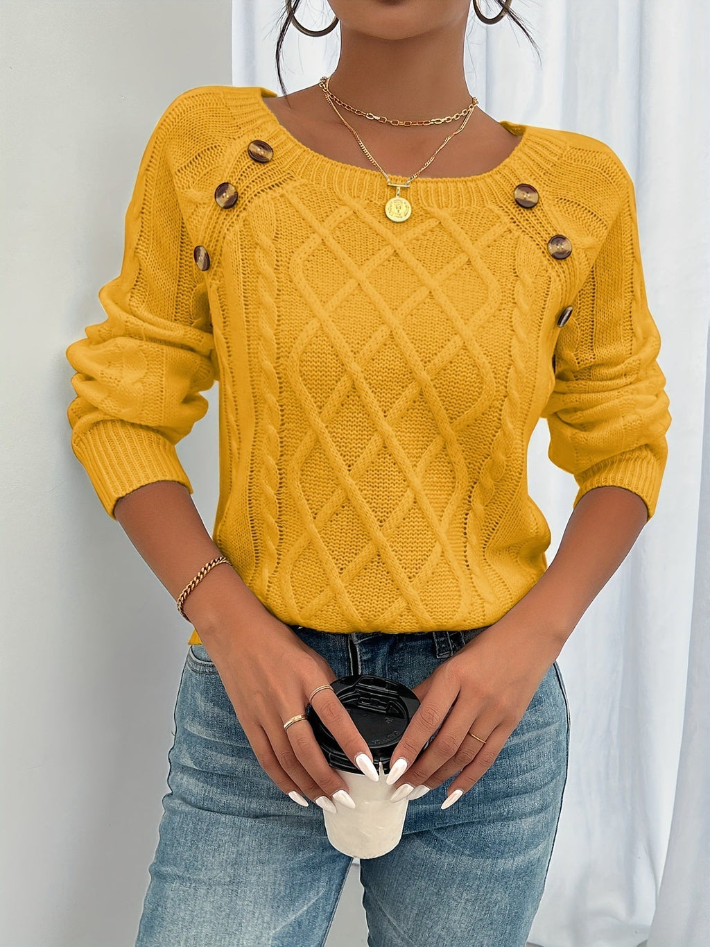 Nora | Women's Cable-Knit Sweater | Button Detail · PNY
