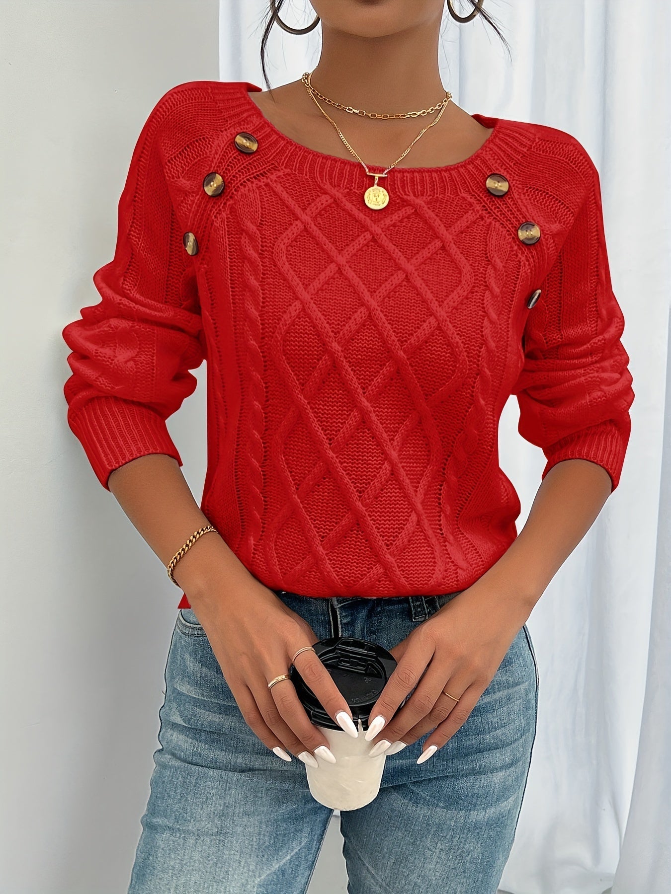 Nora | Women's Cable-Knit Sweater | Button Detail · PNY