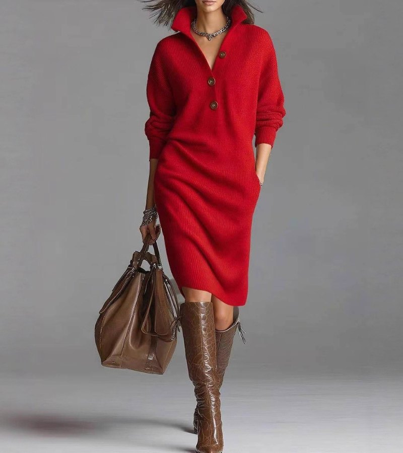 Nora | Women's Ribbed Sweater Dress | Button Placket · PNY