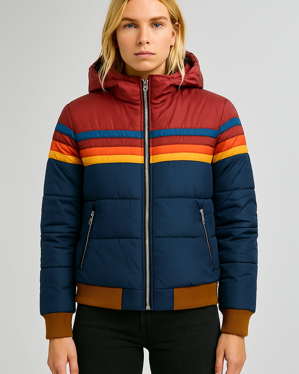 Sienna | Women's Hooded Puffer Jacket | Striped Panel · PNY