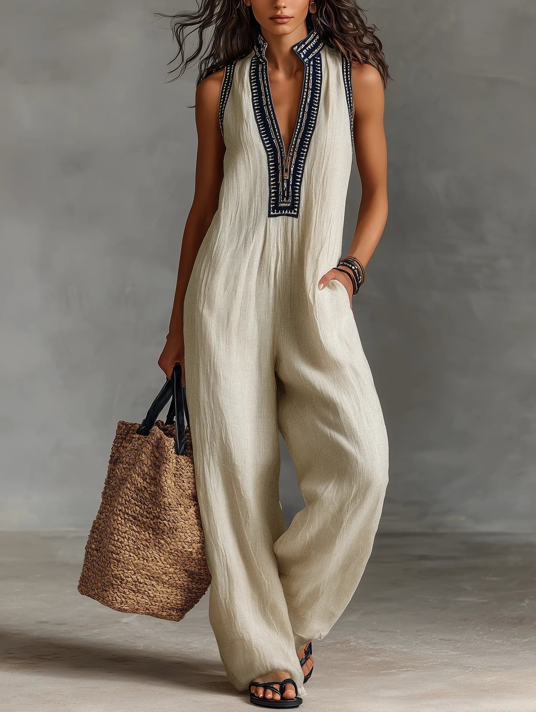 Sienna | Women's Sleeveless Jumpsuit | Embroidered Neckline · PNY