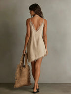 Sienna | Women's V-Neck Mini Dress | Frayed Trim · PNY