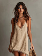 Sienna | Women's V-Neck Mini Dress | Frayed Trim · PNY