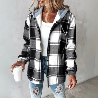 Sophia | Women's Hooded Shacket | Plaid Print · PNY