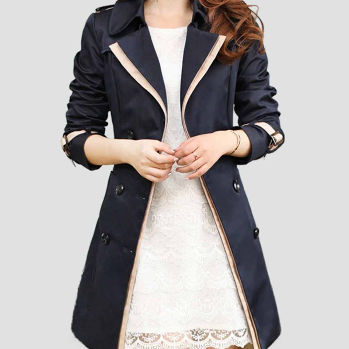 Vivian | Women's Double-Breasted Trench Coat | Contrast Trim · PNY