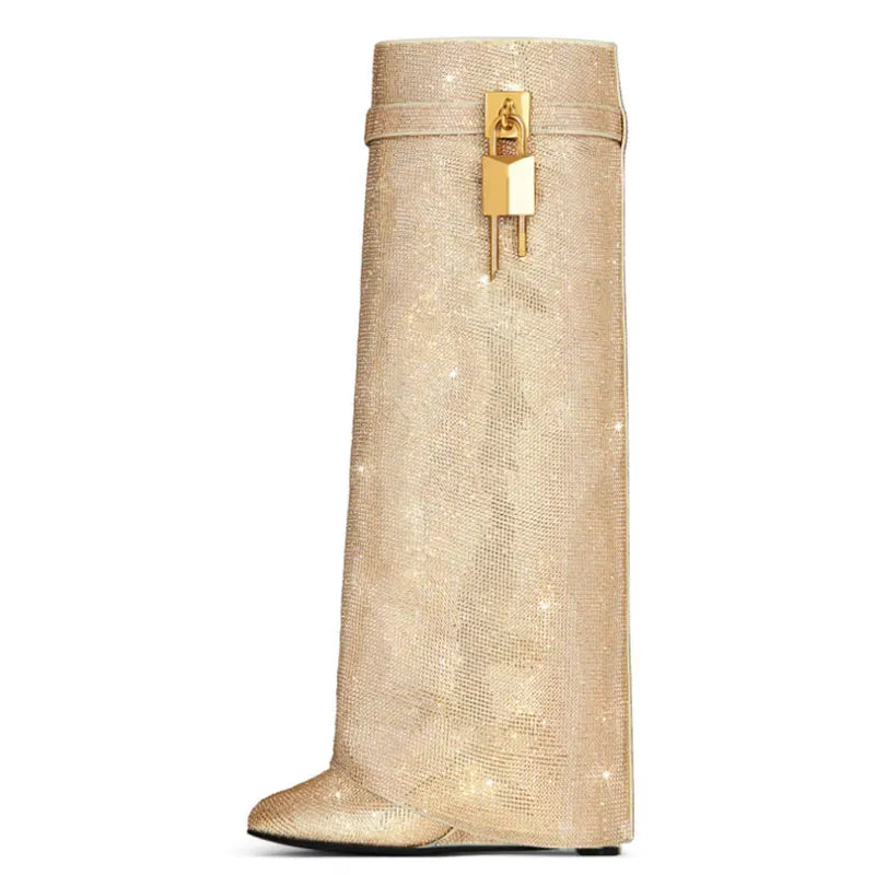Vivian | Women's Knee-High Boots | Rhinestone Padlock · PNY