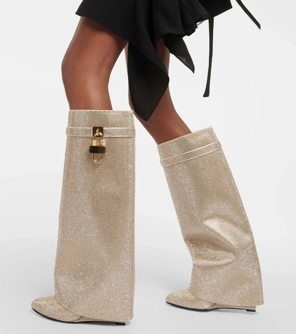Vivian | Women's Knee-High Boots | Rhinestone Padlock · PNY