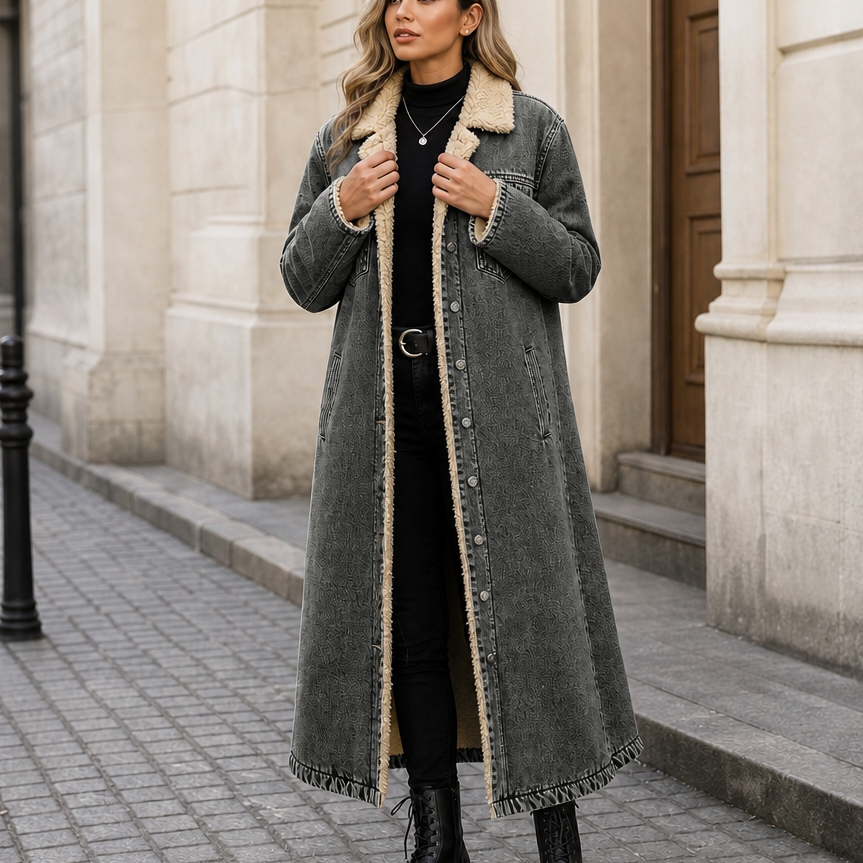 Vivian | Women's Longline Denim Coat | Sherpa-Lined · PNY